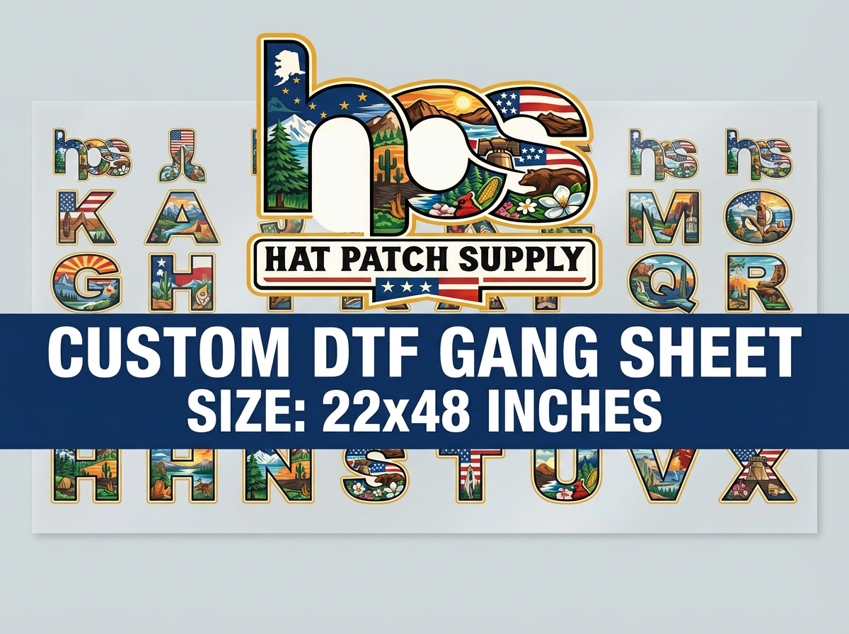 Upload Custom DTF Gang Sheet – 22" Wide - Hat Patch Supply by Hat Foundry