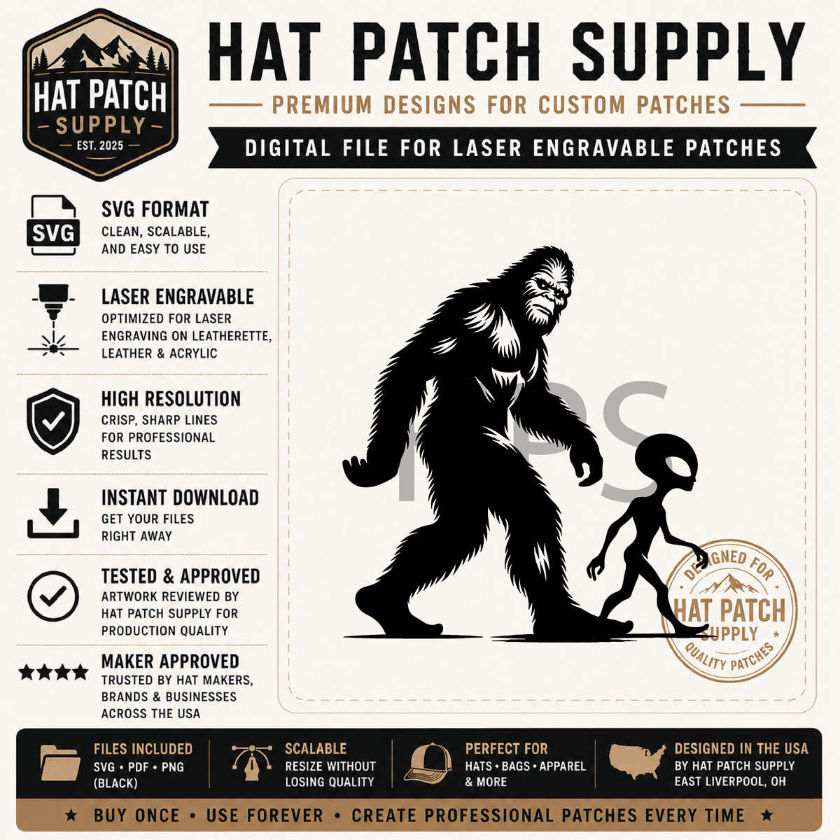 Third preview sheet of laser ready sasquatch hat patch SVG designs