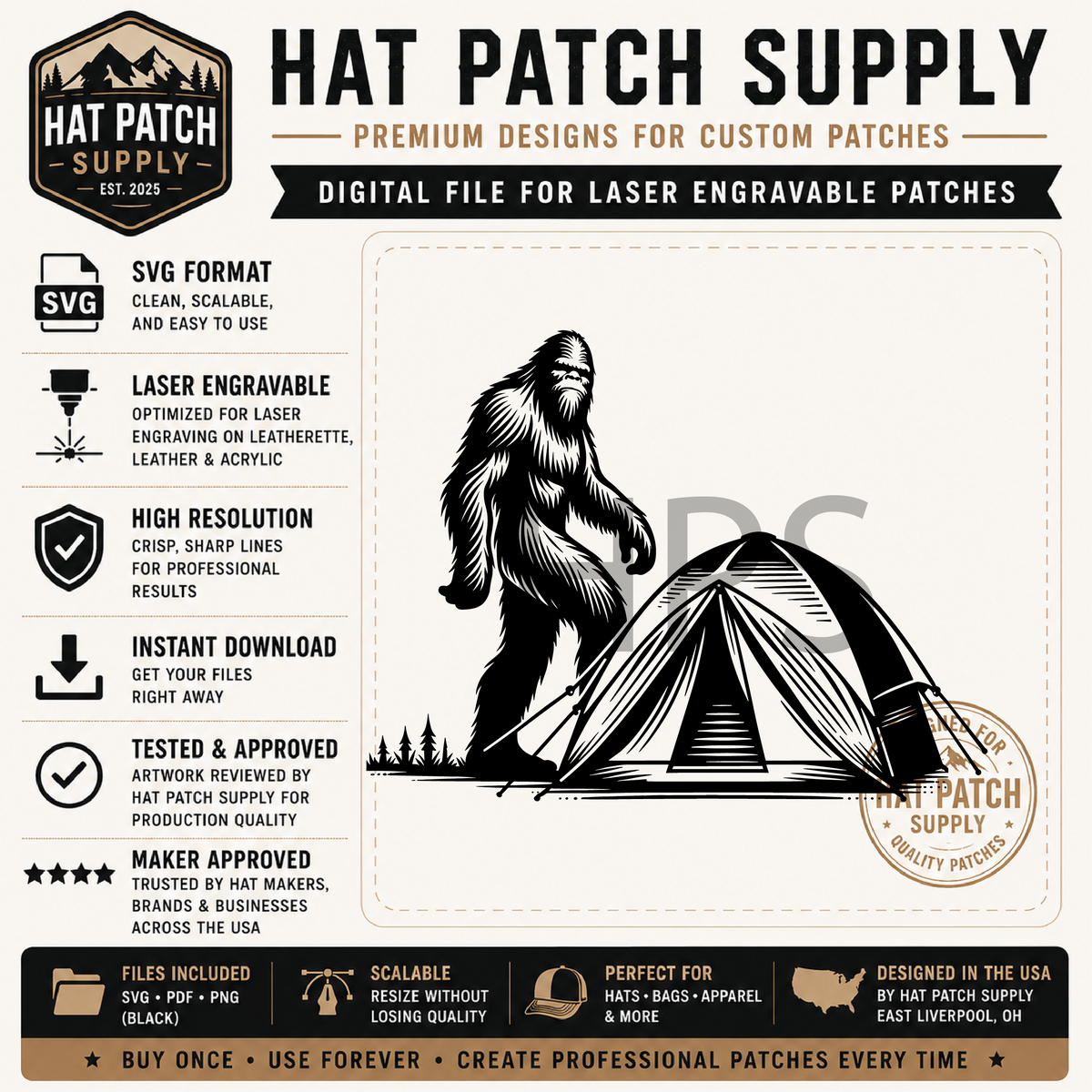 Second preview sheet of cowboy and camping themed Bigfoot hat patch SVG designs