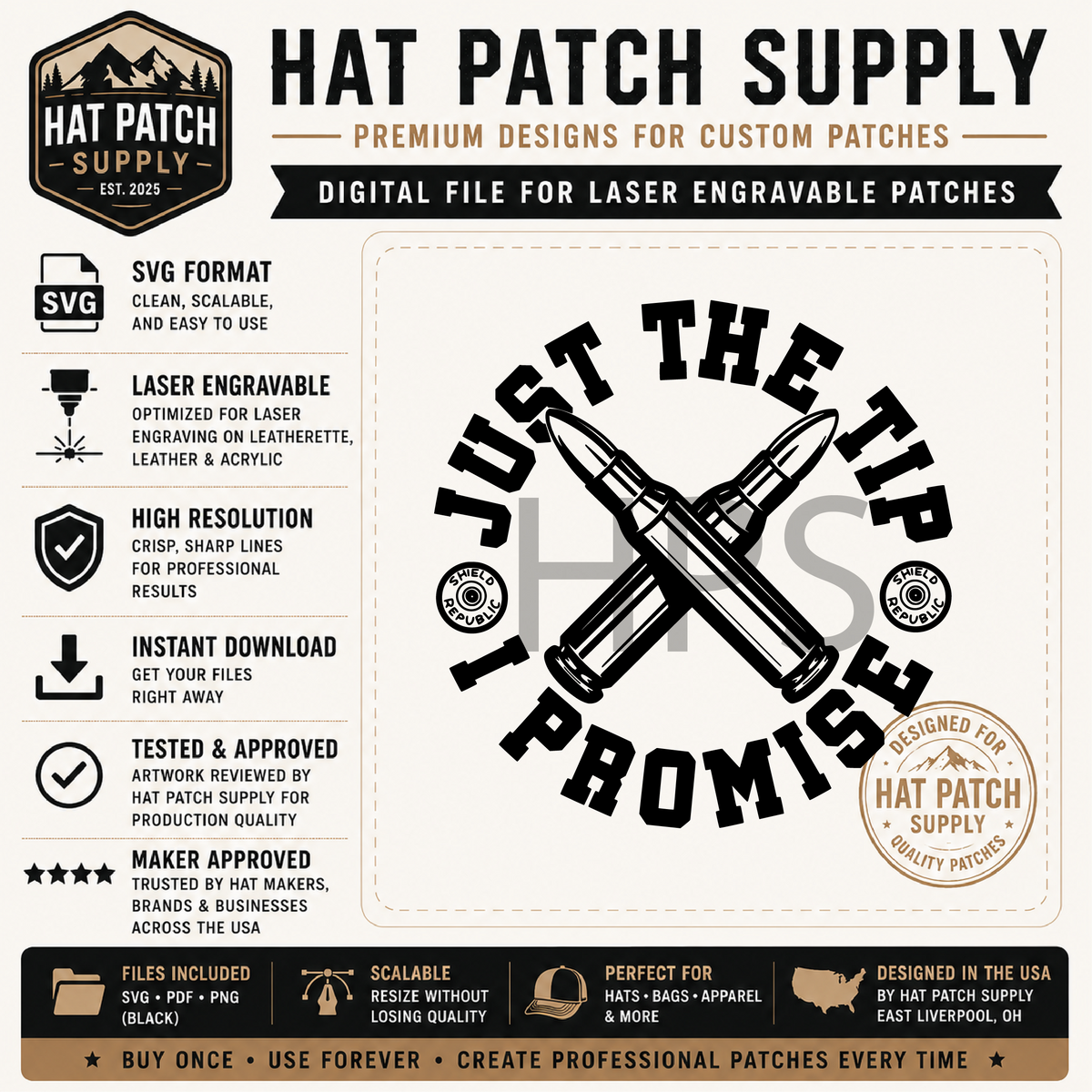 Hat patch SVG design with Just The Tip novelty lettering