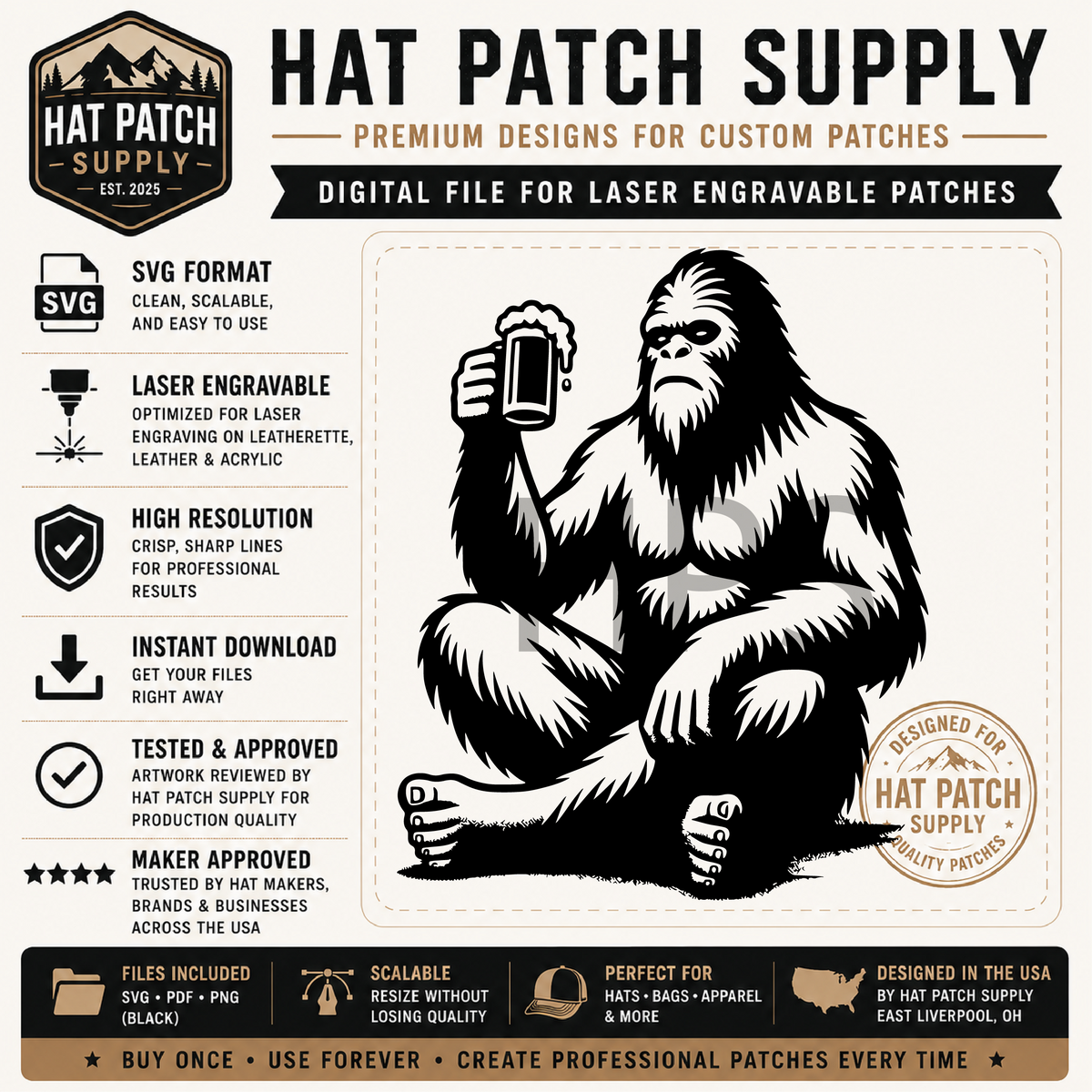 Fourth preview sheet of funny Bigfoot sasquatch hat patch SVG designs