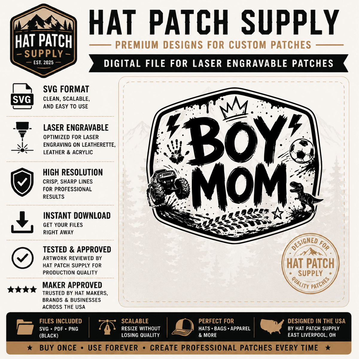 Boy Mom laser engravable hat patch SVG design shown as a digital download preview