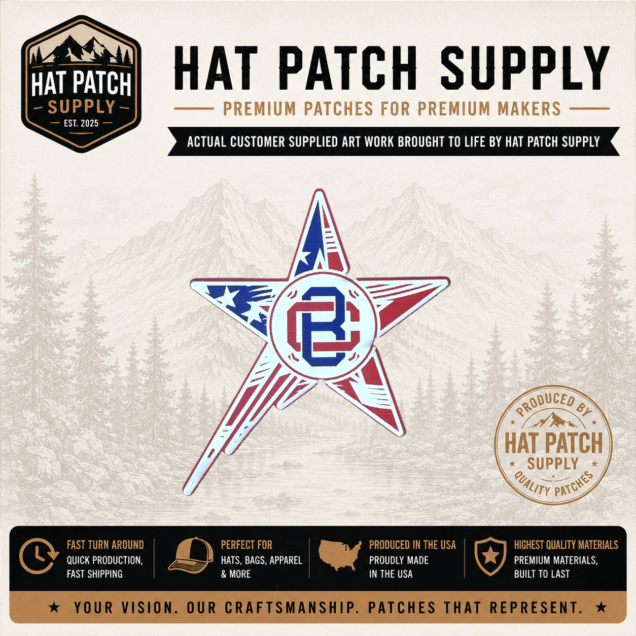 Full color UV printed custom hat patches in assorted designs