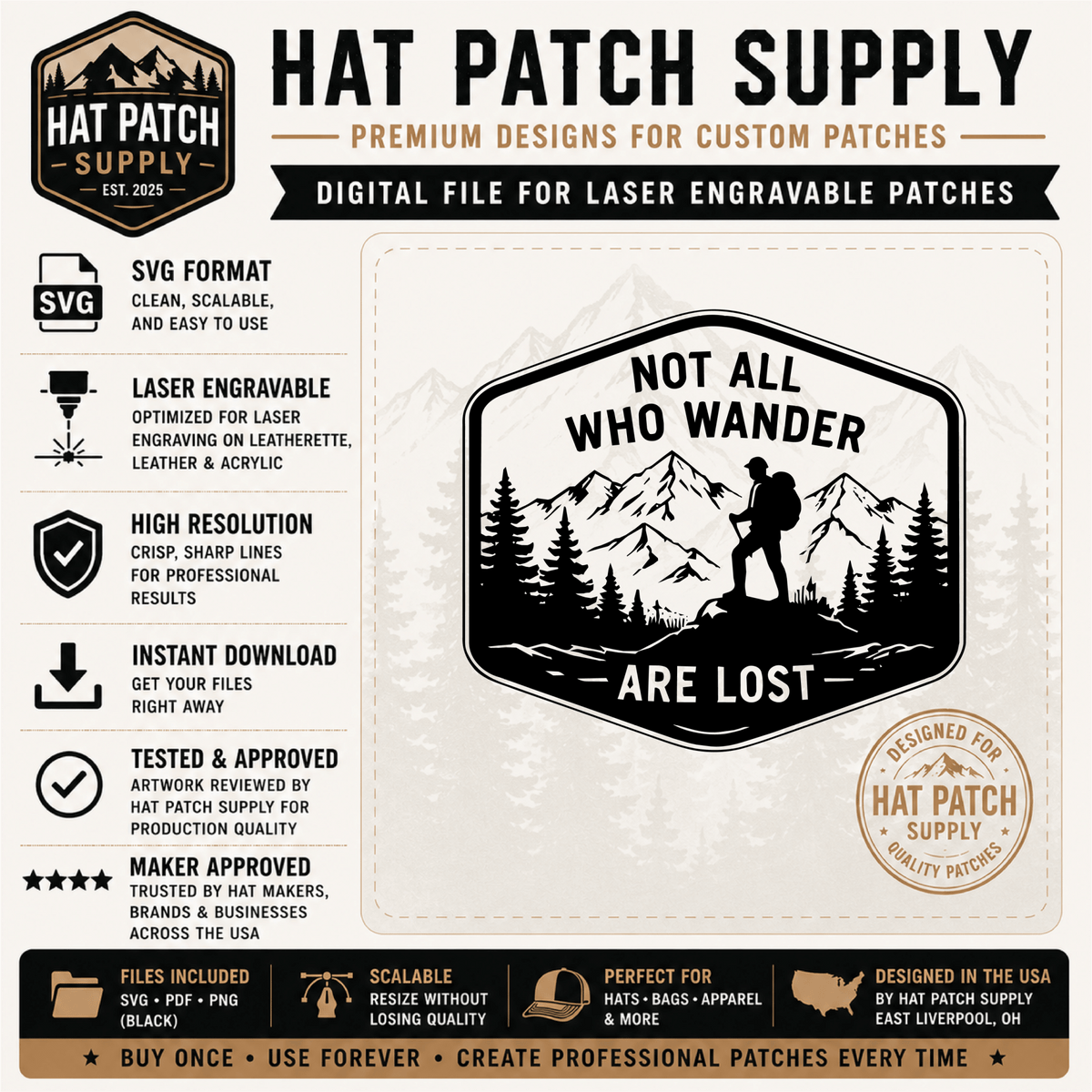 Not All Who Wander Are Lost hiking hat patch SVG, a laser engravable digital download design