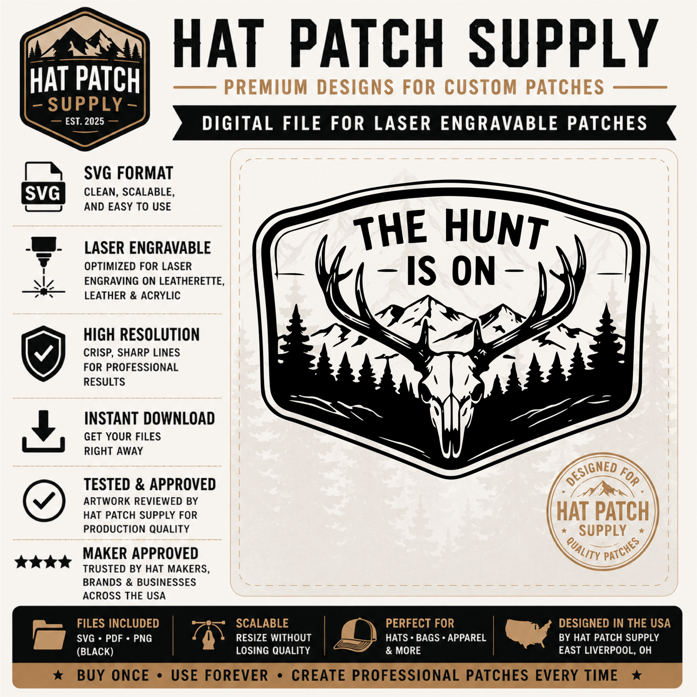 The Hunt Is On deer skull hunting hat patch SVG, a laser engravable digital download design
