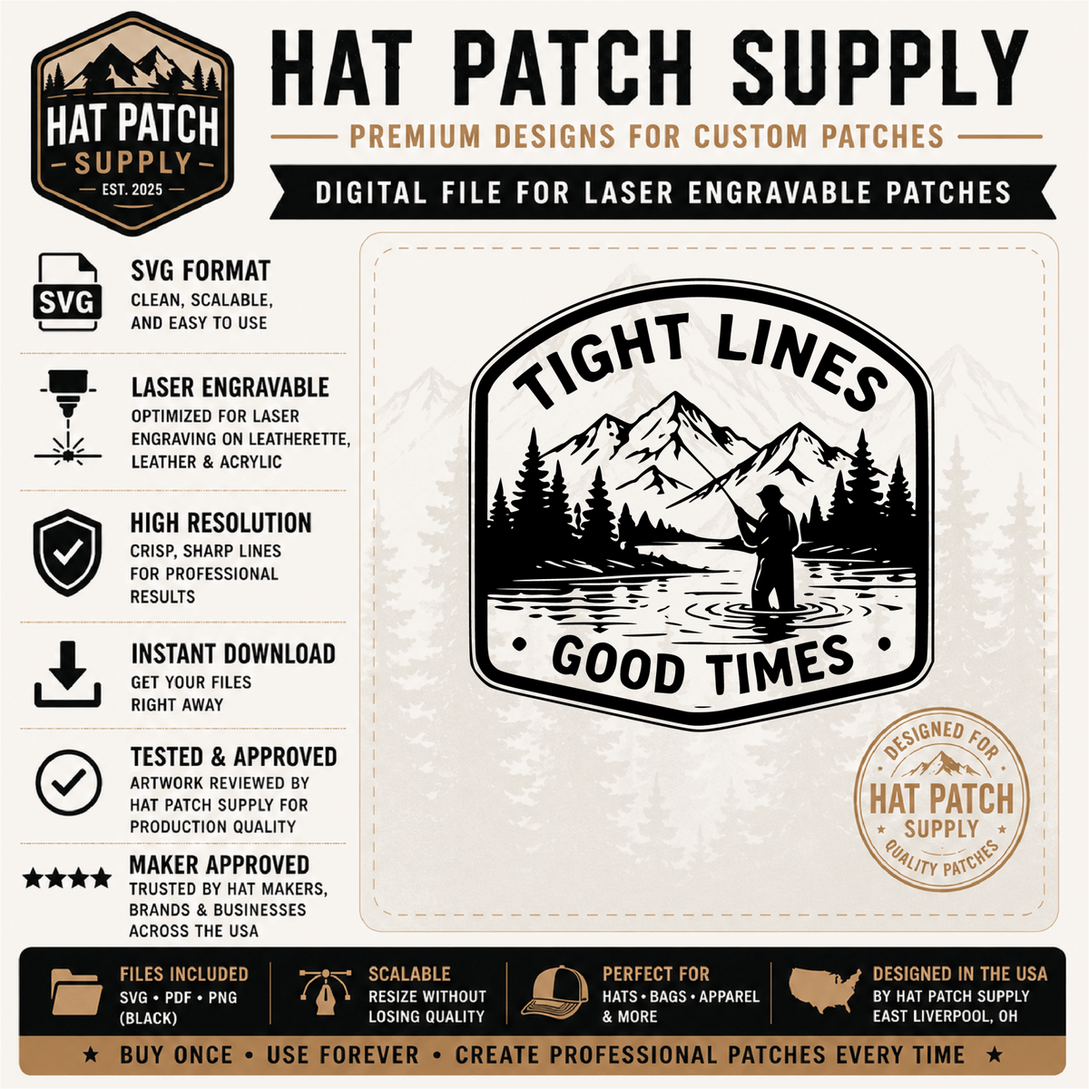 Tight Lines Good Times fly fishing hat patch SVG, a laser engravable digital download design