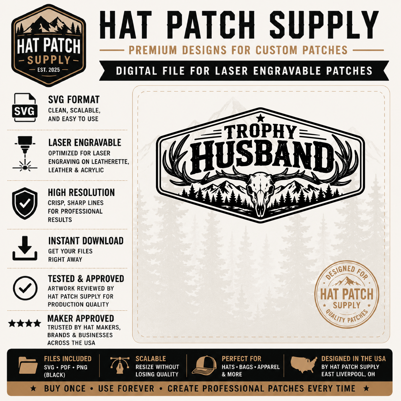Trophy Husband laser engravable hat patch SVG design with a bonus Trophy Wife file