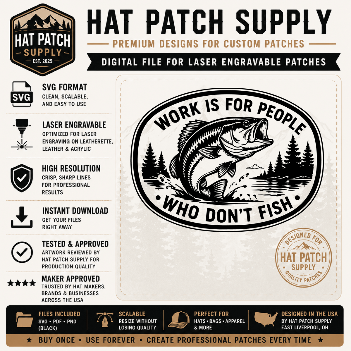 Work Is for People Who Don't Fish bass fishing hat patch SVG laser engraving design