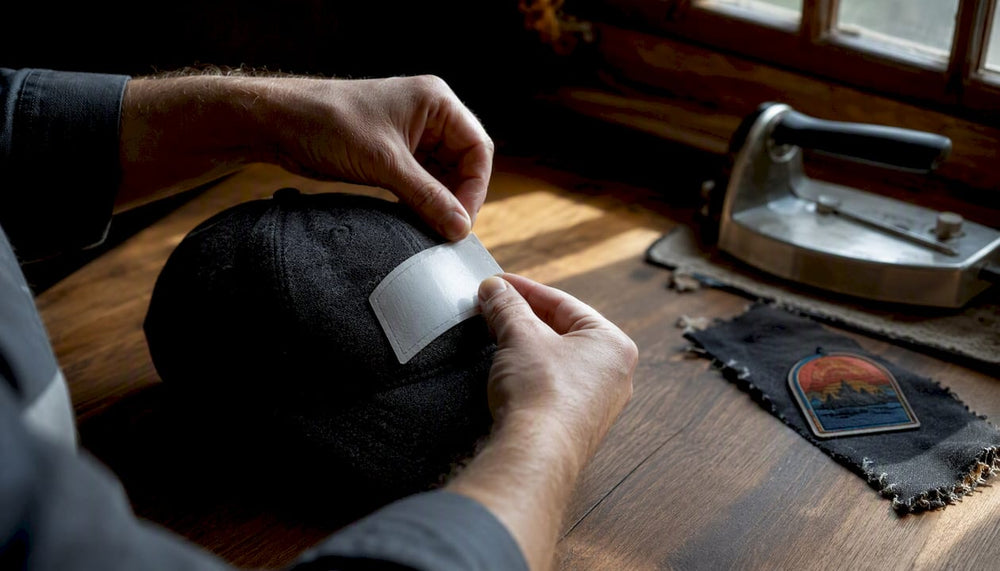 Hands applying iron-on patch to cotton hat
