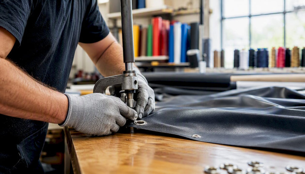 Hands adding grommets to vinyl banner