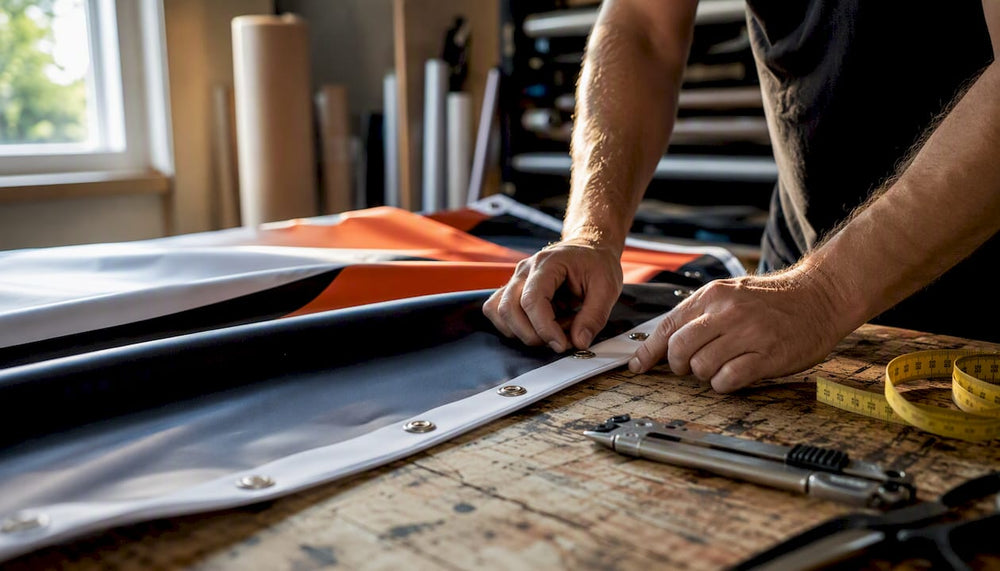 Hands finishing double-sided vinyl banner
