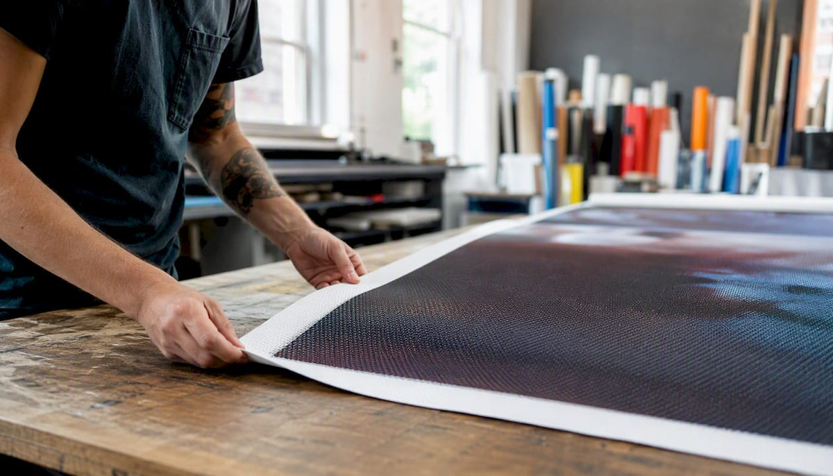 Hands adjusting vinyl banner for printing