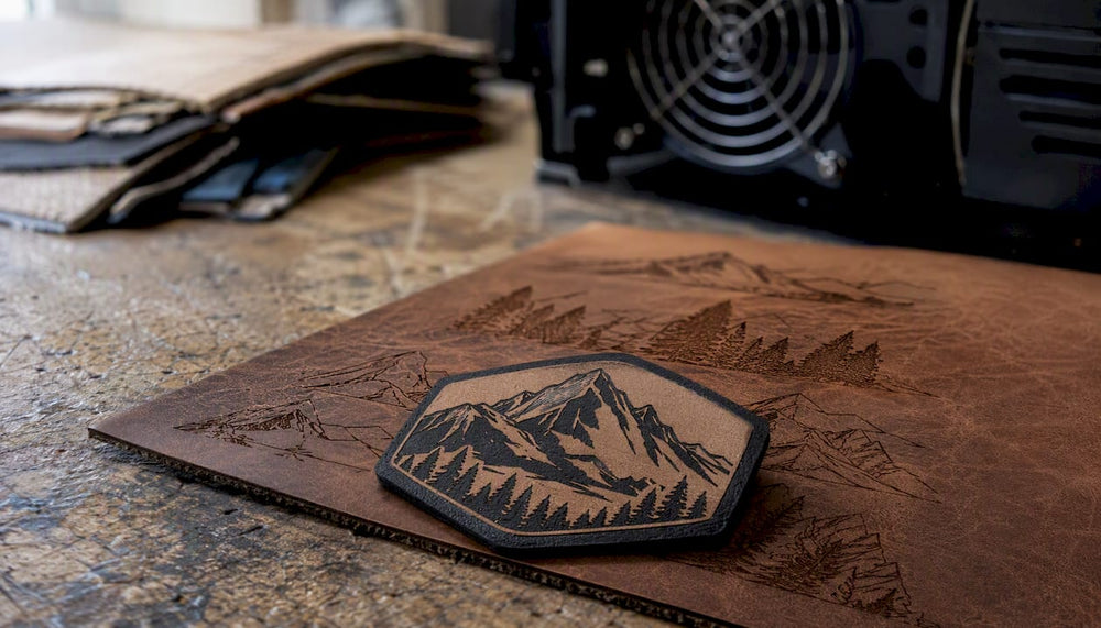 Close-up of laser engraved leatherette and patch