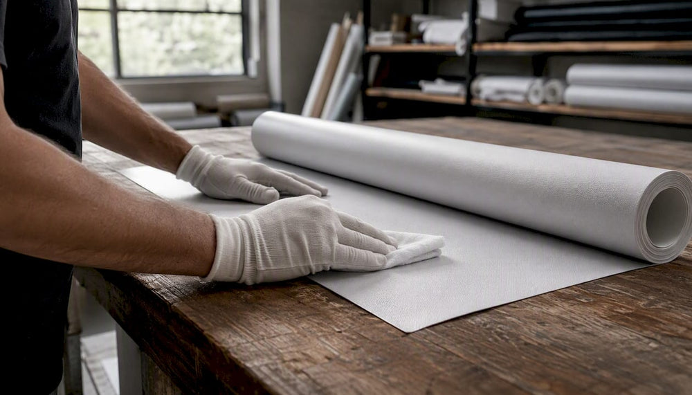 Hands cleaning vinyl banner before storage