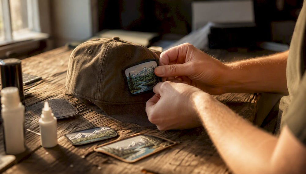 Hands applying custom patch to retail hat