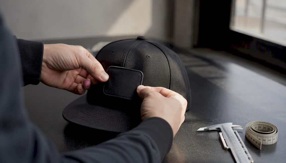 Hands positioning patch on snapback hat front panel