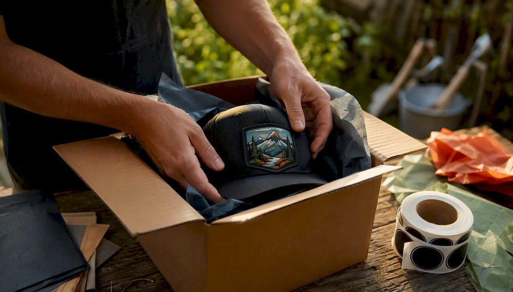 Hands placing patched hat inside corrugated box