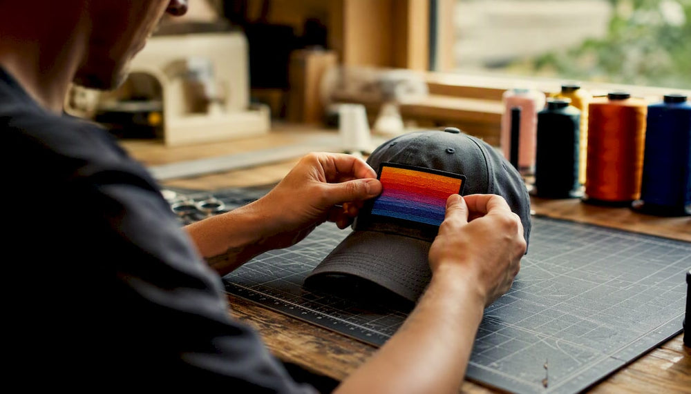 Hands applying a colorful gradient patch to a hat