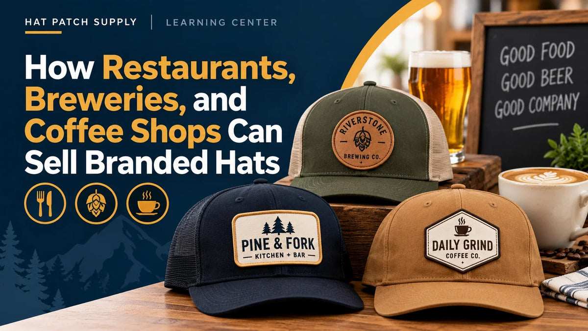 Three custom patch hats for restaurant, brewery, and coffee shop merchandise