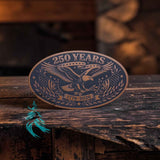 250 Years freedom eagle wide oval leather hat patch shown at an angle