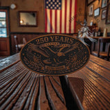 Close-up of the freedom eagle on the wide oval 250 Years leather patch
