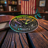 Wide oval leather hat patch with a holographic eagle marking 250 years