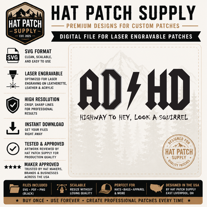 ADHD Highway to Hey Look a Squirrel Hat Patch SVG | Funny Laser Engraving File