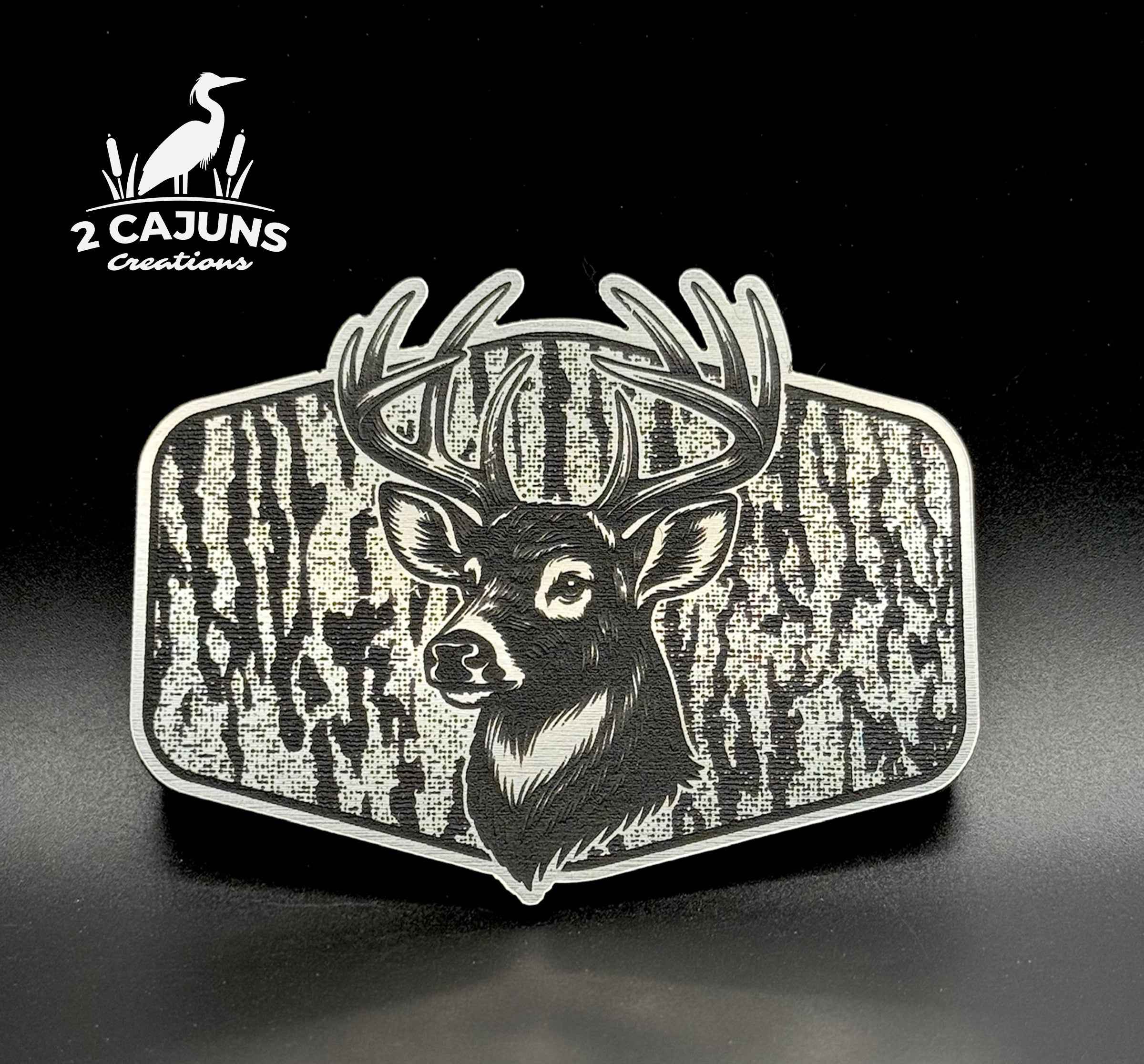 Buck Deer on Tree Bark Design Dual Layer Stainless Black Acrylic Hat Patch