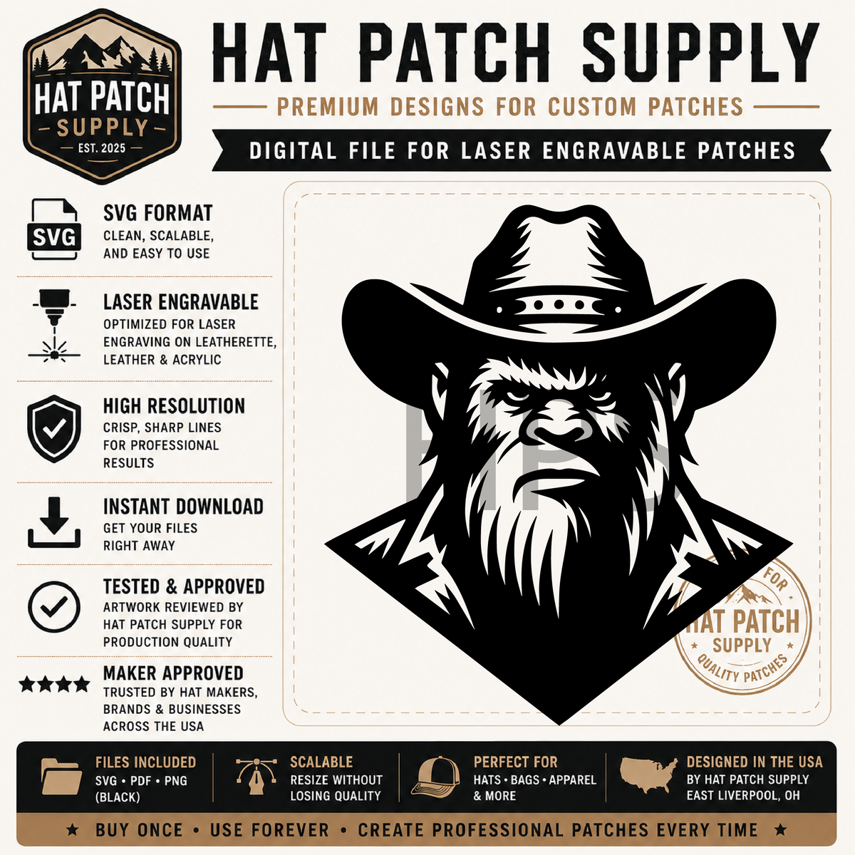Fourth preview sheet of laser ready Bigfoot hat patch SVG designs