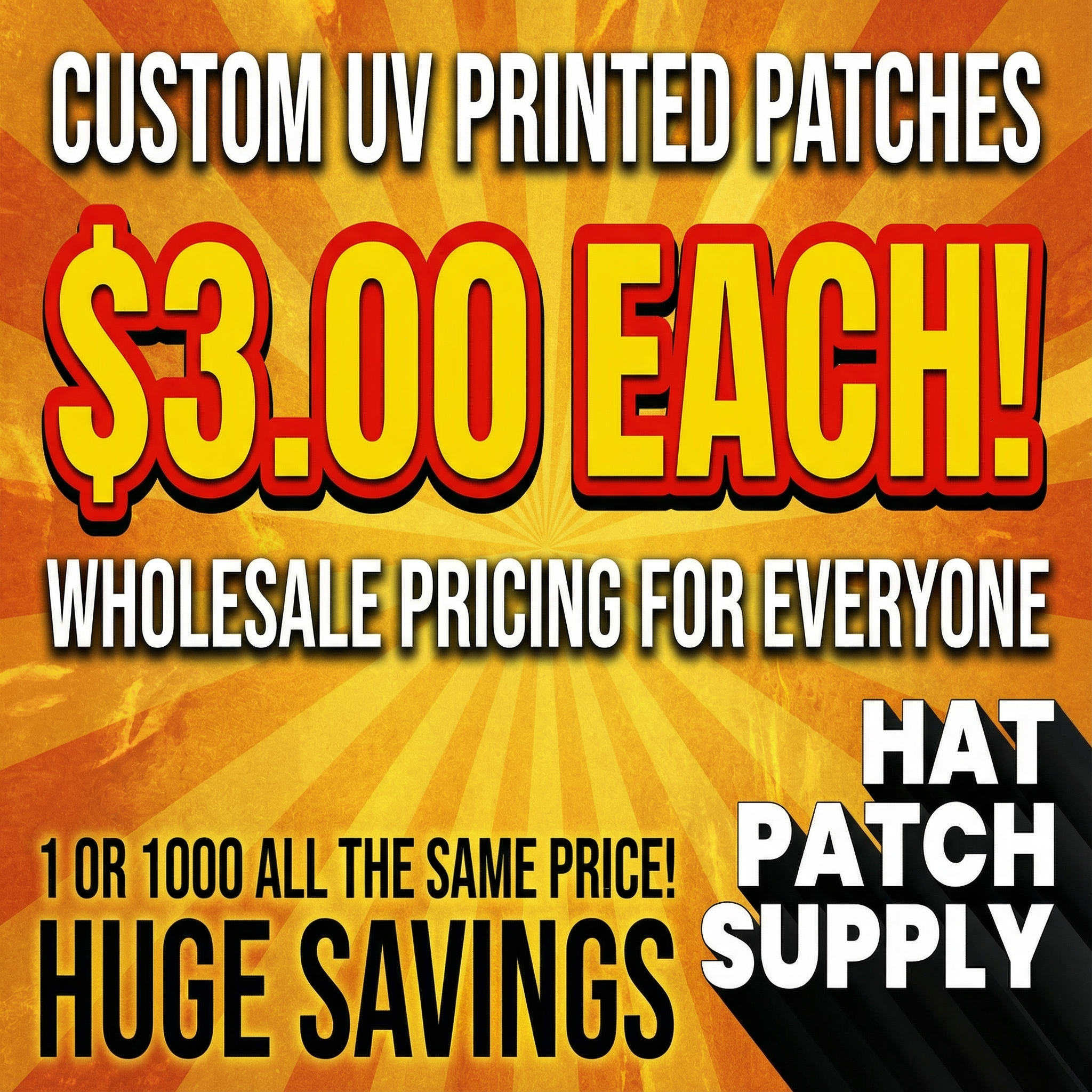 UV printed patches promotional image. $3, for printed UV patches wholesale rates. 