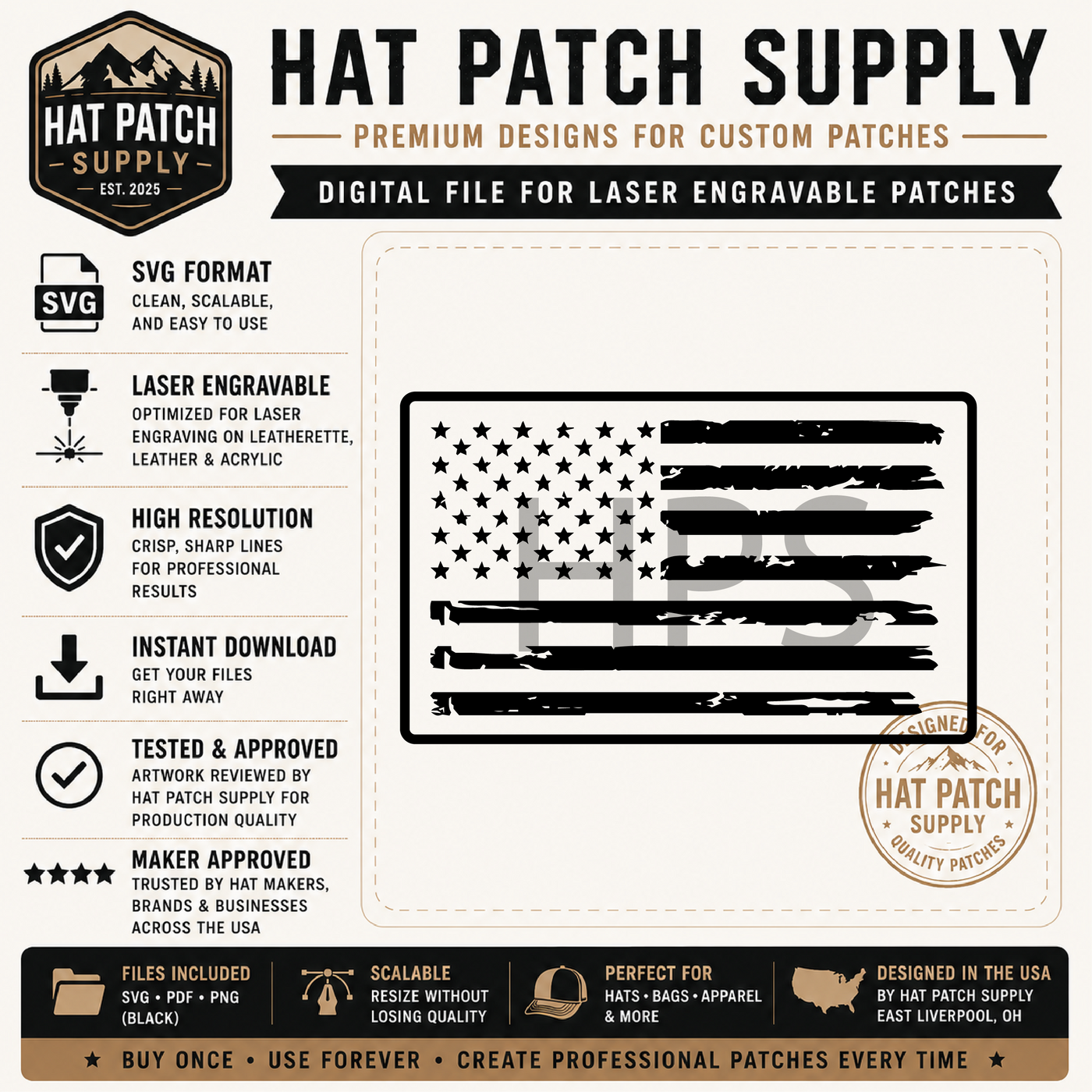 Distressed USA Flag Hat Patch SVG | American Flag Laser Engraving File | Patriotic Patch Design PNG PDF Digital Download