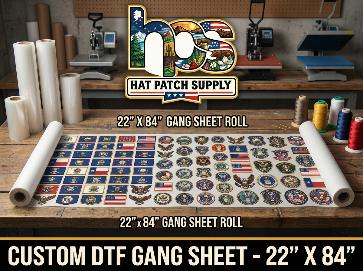 Upload Custom DTF Gang Sheet – 22" Wide - Hat Patch Supply by Hat Foundry