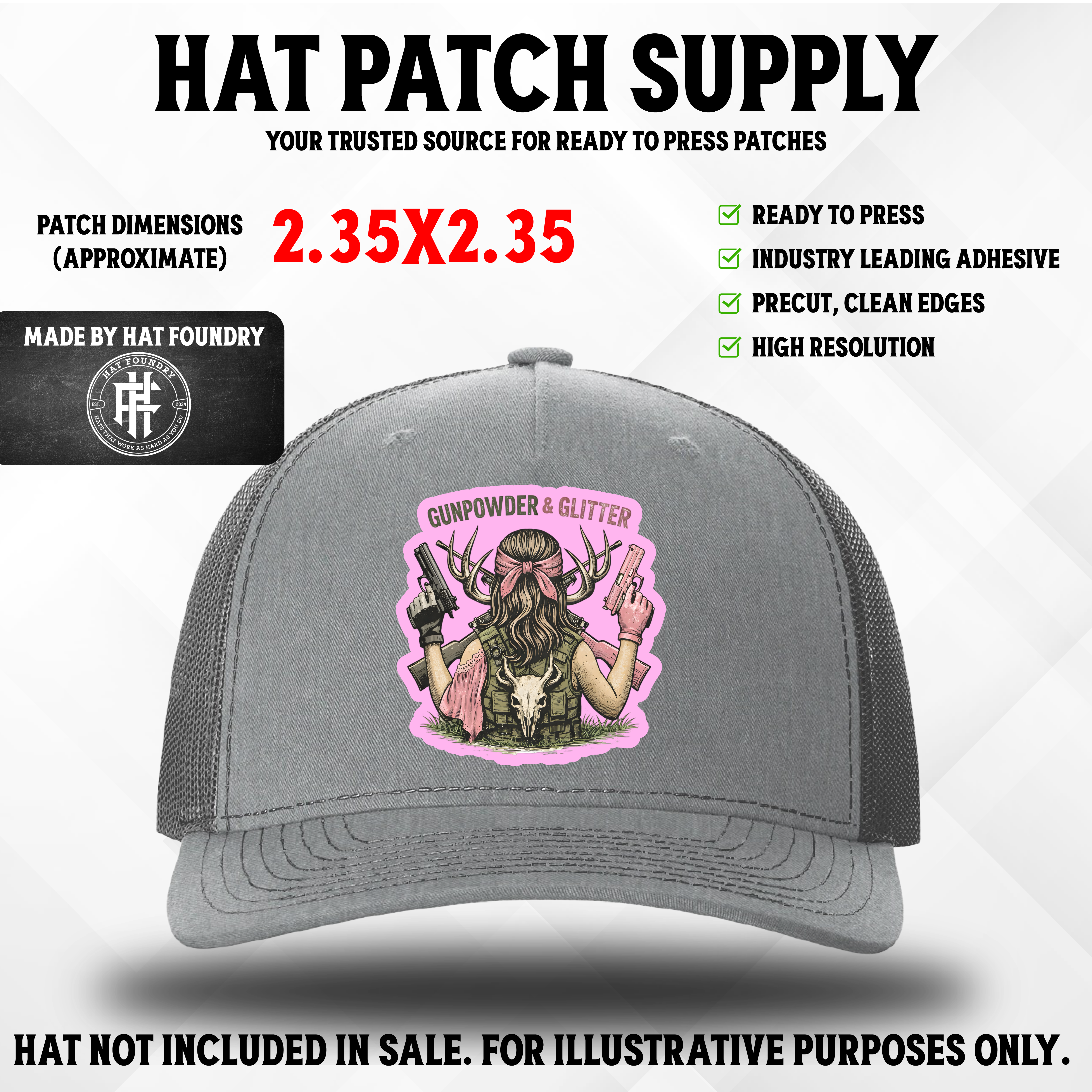 Gun Power & Glitter – Female Hunter UV Printed Hat Patch - Hat Patch Supply by Hat Foundry