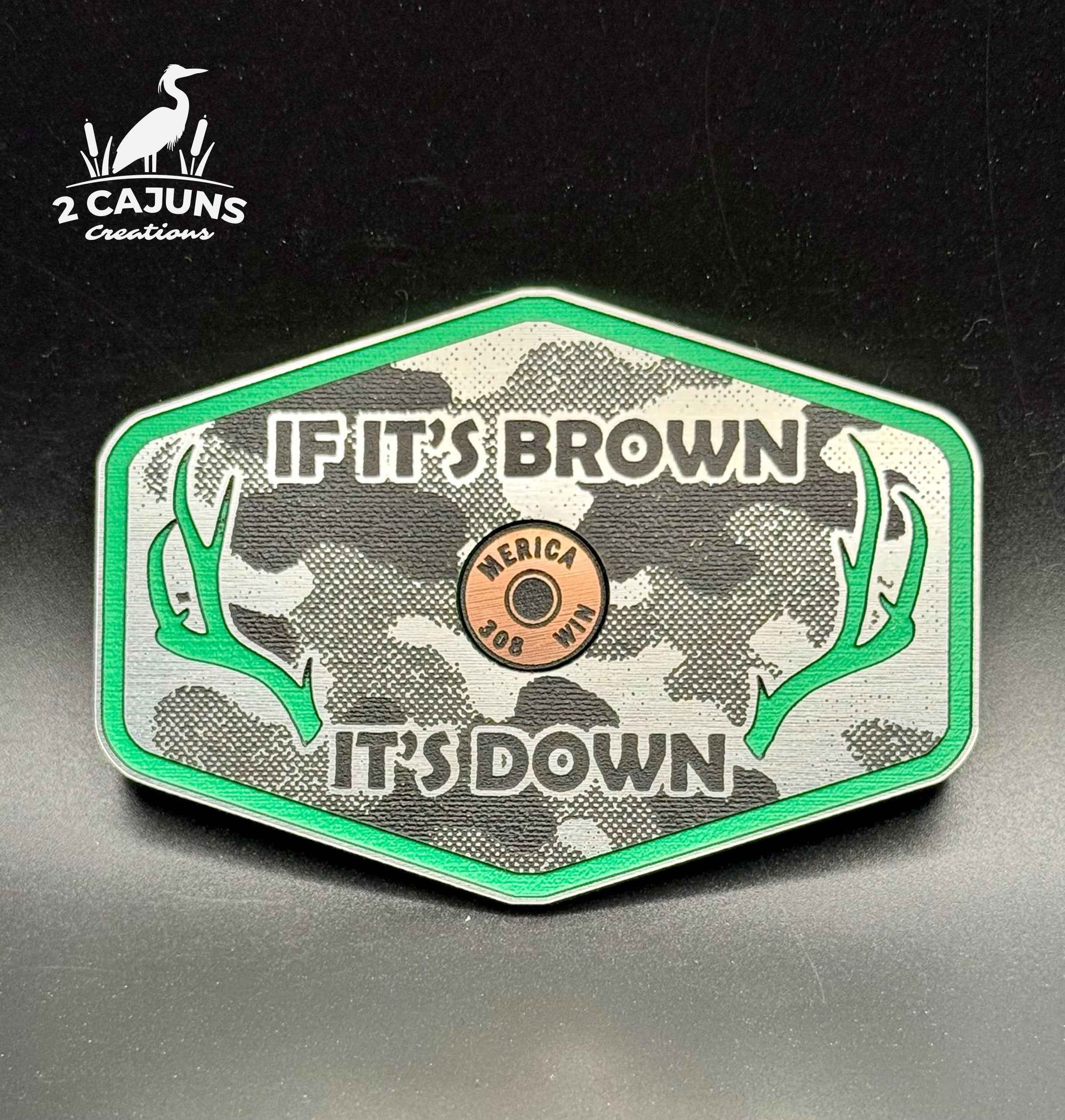 If It's Brown It's Down Acrylic Linen Camo Design Hat Patch with Copper Acrylic Insert Merica Edition - 2 Pieces - 4 Colors Available