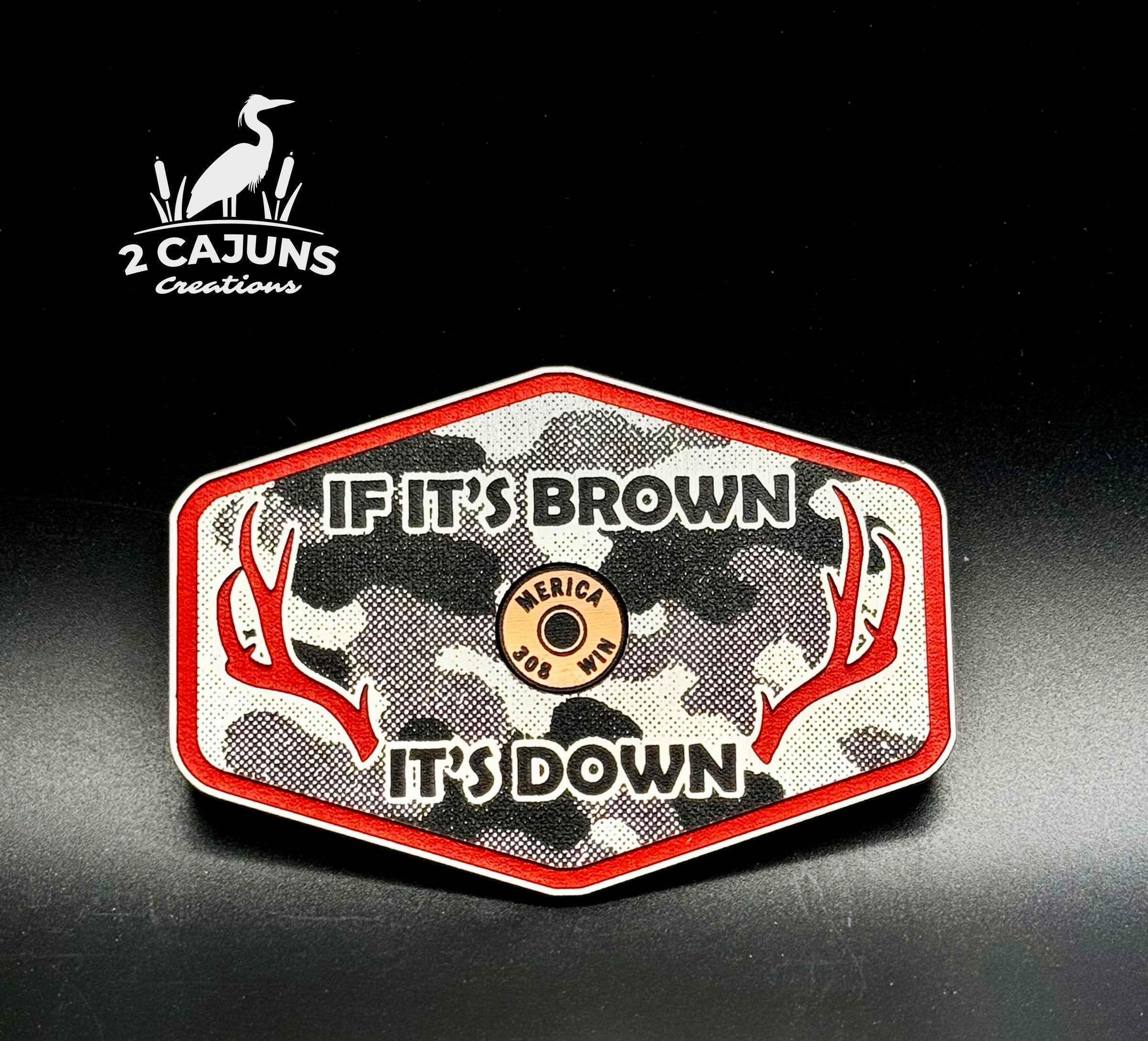 If It's Brown It's Down Acrylic Linen Camo Design Hat Patch with Copper Acrylic Insert Merica Edition - 2 Pieces - 4 Colors Available