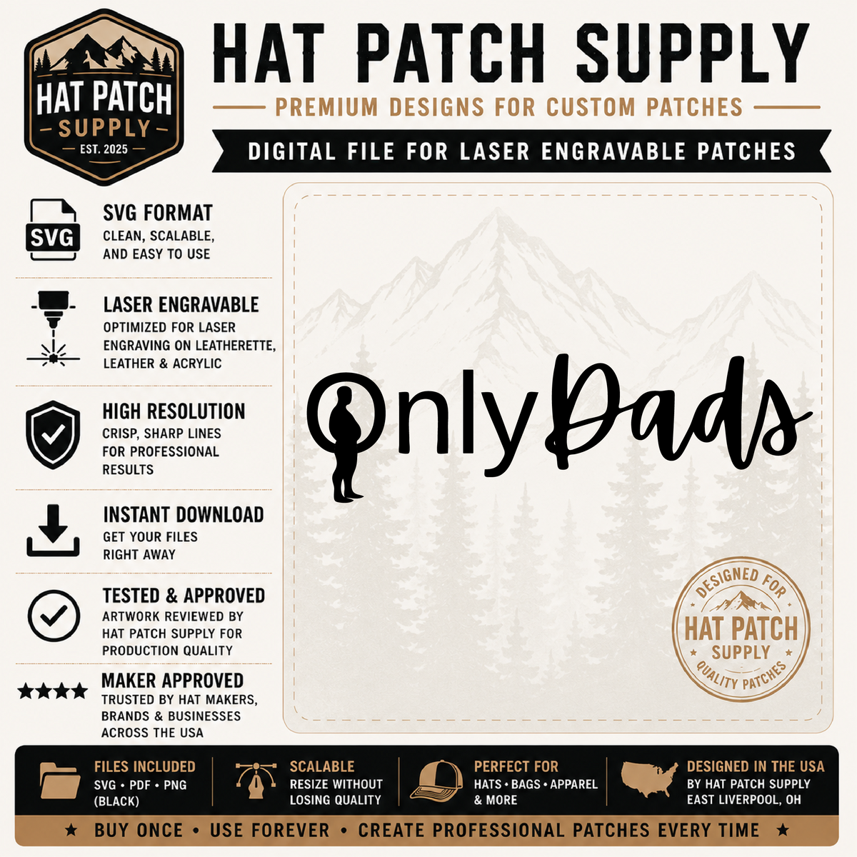 OnlyDads Funny Hat Patch SVG | Laser Engraving File for Leather Hat Patches