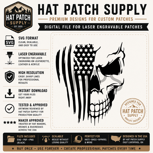 Skull with Distressed Flag Hat Patch SVG Digital Download