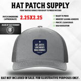 Scripture hat patch reading Act Justly, Love Mercy, Walk Humbly with Micah 6:8