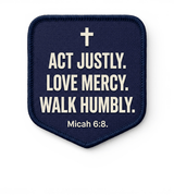 Close-up of the Micah 6:8 Act Justly Love Mercy Walk Humbly hat patch