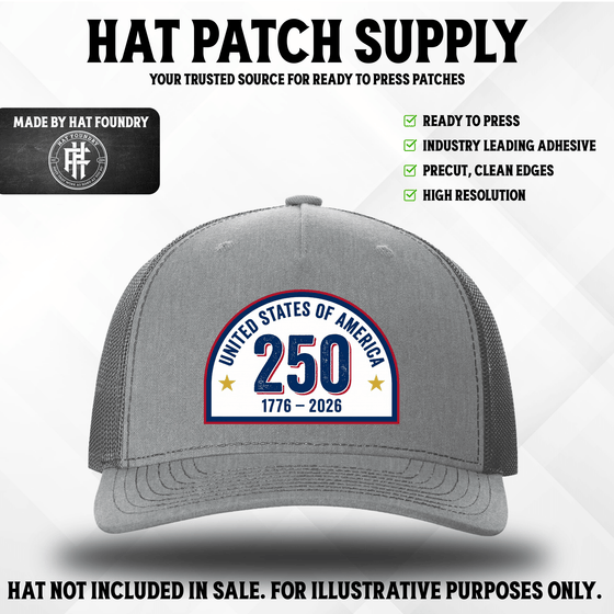 UV printed hat patch marking America's 250th anniversary in patriotic styling
