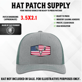 UV printed hat patch with a deer hunter and buck in an American flag scene