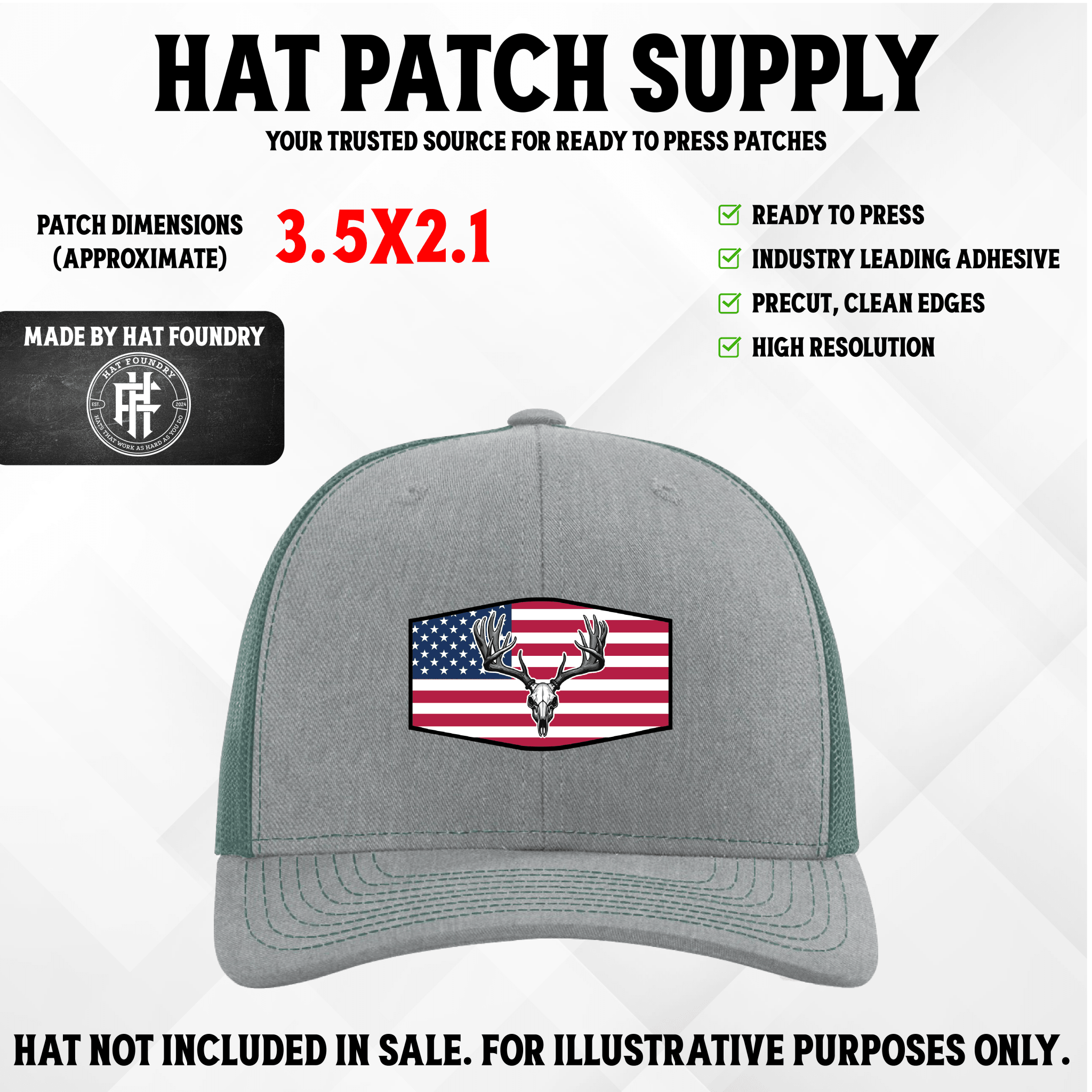 UV printed hat patch with a deer hunter and buck in an American flag scene