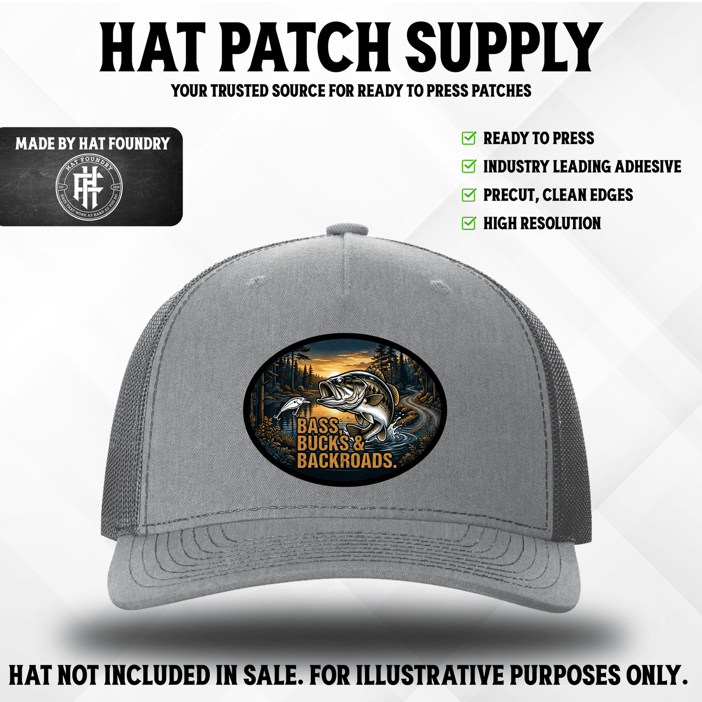 Bass, Bucks & Backroads – UV Printed Hat Patch - Hat Patch Supply