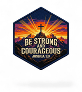 Close-up of the Be Strong and Courageous scripture hat patch