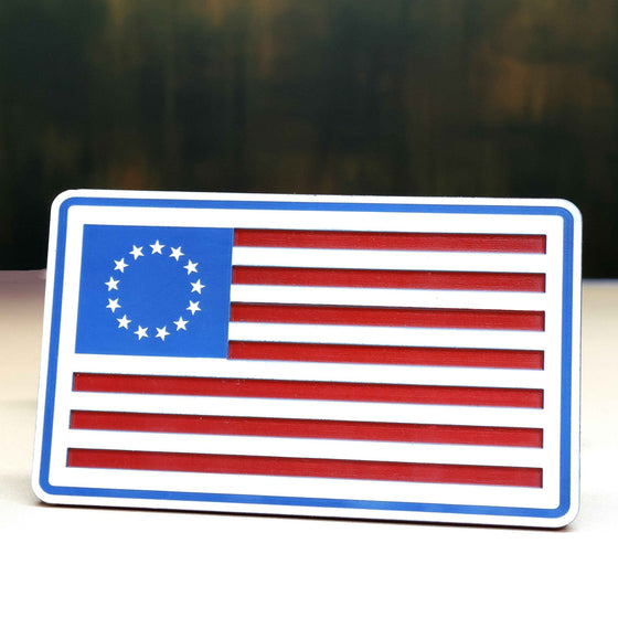 Engraved Betsy Ross 13-star flag hat patch on red, white and blue acrylic
