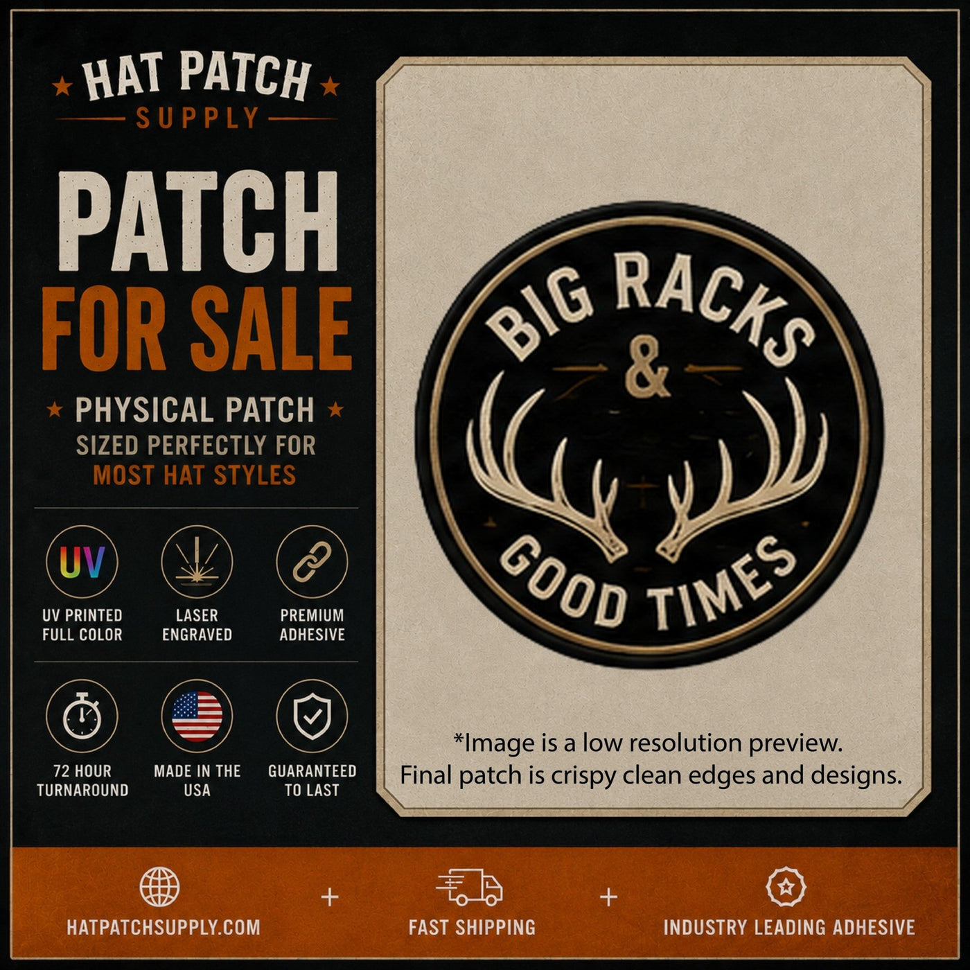 Big Racks &amp; Good Times Deer Hunting Hat Patch - Hat Patch Supply