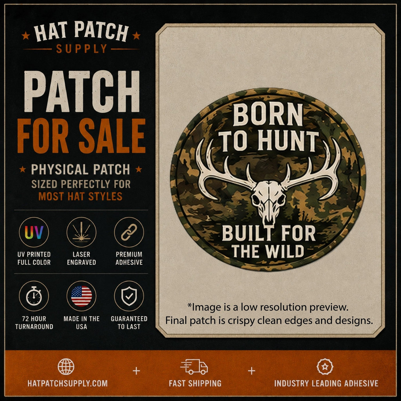 Born to Hunt Built For The Wild Camo Hat Patch - Hat Patch Supply