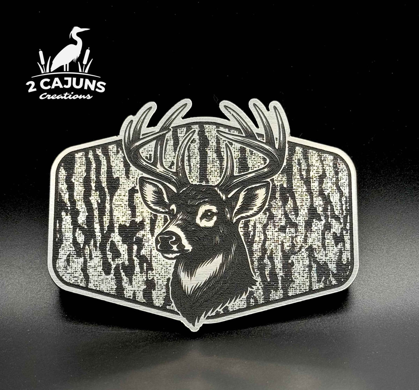 Buck Deer on Tree Bark Design Dual Layer Stainless Black Acrylic Hat Patch - Hat Patch Supply
