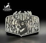 Buck Deer on Tree Bark Design Dual Layer Stainless Black Acrylic Hat Patch - Hat Patch Supply