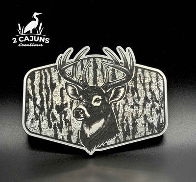 Buck Deer on Tree Bark Design Dual Layer Stainless Black Acrylic Hat Patch - Hat Patch Supply
